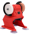 WALFRONT Mini Bench Grinder Featuring Powerful All Copper Motor And Two Corundum Wheels For Reliable Sharpening Polishing And High Demand Grinding Tasks With Steady Performance, showing red case and dual wheels.