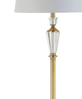 Close-up of 61 Inch Brass Gold Crystal LED Floor Lamp With White Linen Drum Shade showing brass finish and crystal accents.