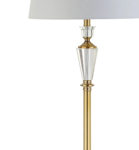 Close-up of 61 Inch Brass Gold Crystal LED Floor Lamp With White Linen Drum Shade showing brass finish and crystal accents.