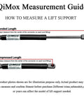 QiMox measurement guide for gas strut lift supports, showing extended and compressed lengths for accurate fitting.