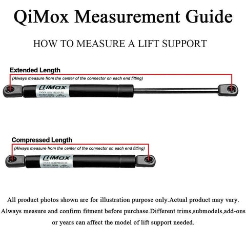 QiMox measurement guide for gas strut lift supports, showing extended and compressed lengths for accurate fitting.