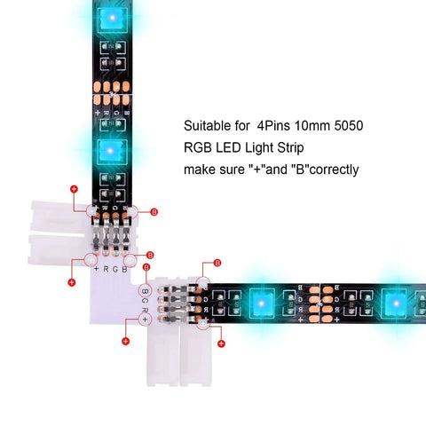 All In One 4 Pin RGB LED Strip Connector Kit With Wire And Cables 10mm showing connection of 10mm 4-pin RGB LED strips.