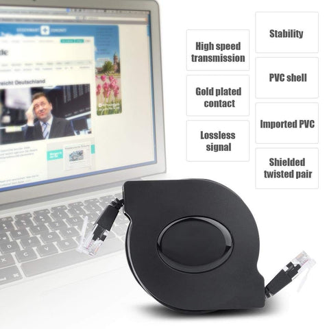 CAT6 Ethernet Cable With Retractable Flat Design, Adjustable Length RJ45 Patch Cable Plug And Play, 2m Black, shown near laptop