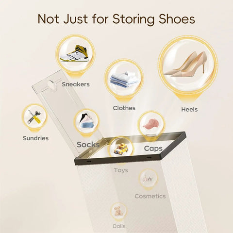 X Large Clear Stackable Shoe Storage Boxes 12 Pack Modular Shoe Organizer showing storage for various items including shoes, socks, and caps.