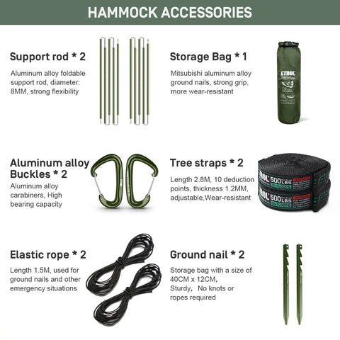 Hammock accessories for Three In One Camping Hammock With Mosquito Net, including carabiners, straps, support rods, and ground nails.
