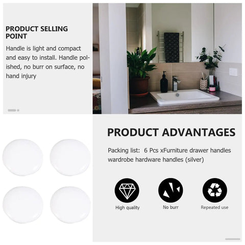 Six Pack White Alloy Round Cabinet Door Handles for Wardrobe and Kitchen Cabinets with modern bathroom setup.