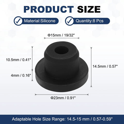 Diagram of Eight Pack T Shaped Silicone Plugs 15.3mm Diameter Snap In Hole Seals dimensions in black silicone