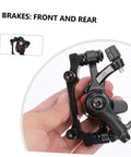 Top Shelf Aluminum Mechanical Disc Brake Kit For Mountain Bikes With 160MM Front Rear Rotors Dual Knob Adjusters And Tri Align Calipers showcasing front and rear brake caliper in hand.
