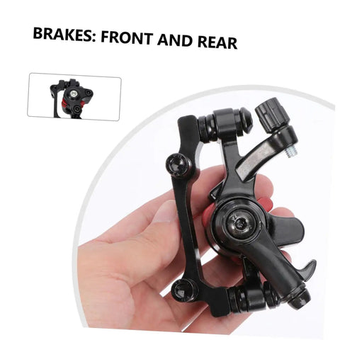 Top Shelf Aluminum Mechanical Disc Brake Kit For Mountain Bikes With 160MM Front Rear Rotors Dual Knob Adjusters And Tri Align Calipers showcasing front and rear brake caliper in hand.