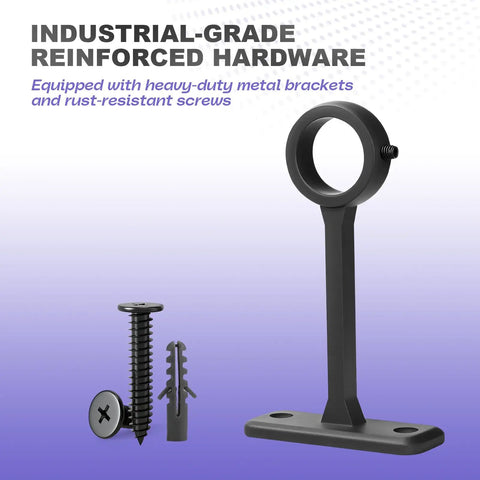 Industrial-grade reinforced hardware for one inch adjustable heavy duty curtain rod with extra long range, matte black finish.