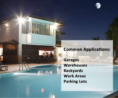 Night scene with pool and house illuminated by 2 Pack 80W LED Flood Lights Outdoor IP66 Waterproof Security Lighting
