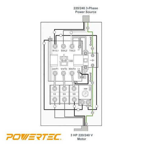 Wiring diagram for Magnetic Workhorse Switch Box For 220 To 240 Volt Motors With 3 HP And Phase Failure Protector Heavy Duty