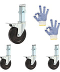 Heavy Duty 5 Inch Scaffold Rollaway Casters 4 Pack With Dual Brakes and rubber wheels, shown with safety gloves for handling.