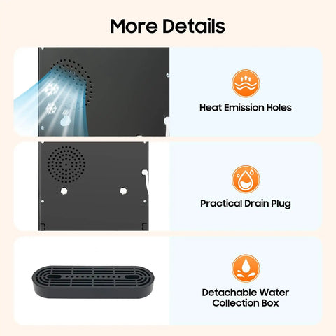 Image showing heat emission holes, practical drain plug, and detachable water collection box of Bottom Loading Water Cooler Dispenser With Hot And Cold Spouts, Dual Temperature Control, Stainless Steel Inner Liner, Durable PP Shell, 20L High Capacity Floor Standing Water Cooler For Home Office Living Room Dark Gray.