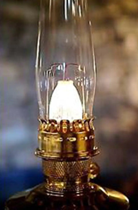R-150 Lox-On Mantle For Oil Lamps Easy Install Fits Models 12 A B C 21 21C 23 And MaxBrite 500 lit up on brass lamp
