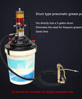 Heavy Duty Pneumatic Grease Gun Featuring 50 To 1 Pressure with 5-gallon drum adapter and hose for efficient lubrication.