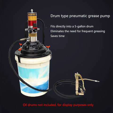 Heavy Duty Pneumatic Grease Gun Featuring 50 To 1 Pressure with 5-gallon drum adapter and hose for efficient lubrication.