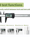 Digital Caliper 0 To 6 Inches Auto Off With Inch Millimeter Conversion for jewelry sizing and DIY, four testing functions shown