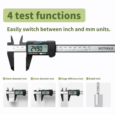 Digital Caliper 0 To 6 Inches Auto Off With Inch Millimeter Conversion for jewelry sizing and DIY, four testing functions shown