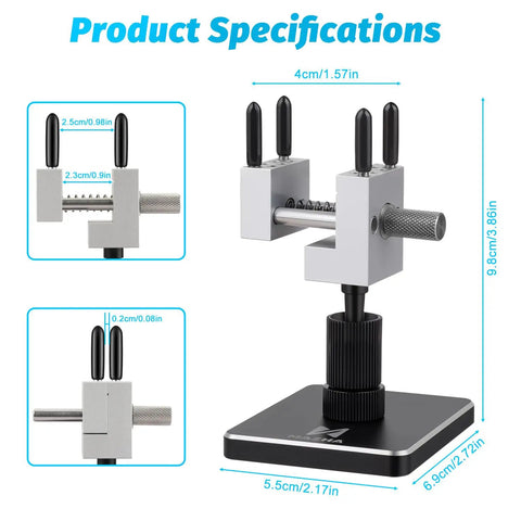 2 In 1 Mini Table Top Vise Clamp For Gundam Model Building And Jewelry Repair Portable 360 Degree Rotatable Vise With 0 To 1.37 Inch Clamping Range Aluminum Alloy Ball Base Handy Pro Grade DIY Tool For Hobbyists showing dimensions and design.