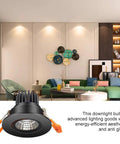 Living room with 2 Inch LED Dimmable Downlight With 3W COB, Recessed Ceiling Light, Warm White 3000K-3500K, CRI80, Black Trim on display.