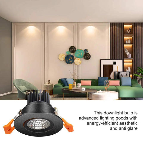 Living room with 2 Inch LED Dimmable Downlight With 3W COB, Recessed Ceiling Light, Warm White 3000K-3500K, CRI80, Black Trim on display.