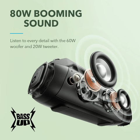 Rippin Up The Backyard With 80W Of Pure Portable Bluetooth Sound That Packs Insane Bass Response And Sports A Fully IP67 Waterproof Shell Designed To Handle Any Weather While Bringing The Party Outside In Sleek Matte Black