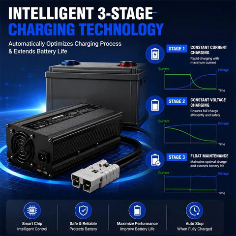 Reliable 36V Forklift Battery Charger 20A Fast Trickle Charge with intelligent 3-stage charging technology for electric vehicles.