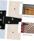 Eight Piece 5 Inch Black Painted Galvanized Metal T Hinges Weld On Slip Joint For Outdoor Doors Sheds Cabinets And Chests Residential Use Built Tough Heavy Duty Weather Resistant Construction shown installed on wooden doors