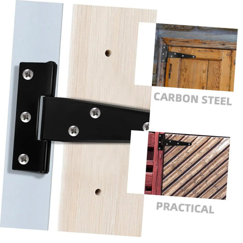Eight Piece 5 Inch Black Painted Galvanized Metal T Hinges Weld On Slip Joint For Outdoor Doors Sheds Cabinets And Chests Residential Use Built Tough Heavy Duty Weather Resistant Construction shown installed on wooden doors