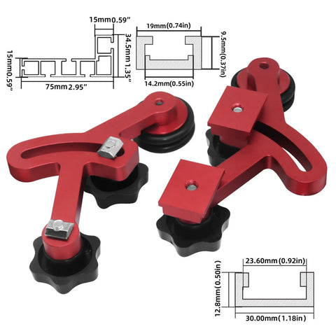 Heavy Duty Bearing Roller Featherboard Featuring An Angled Pulley Track To Stop Kickback Cold showing red aluminum parts and dimensions