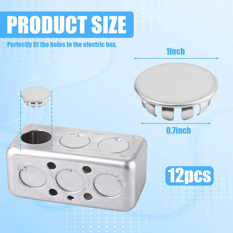 Heavy Duty Stainless Steel Knockout Plugs For Electrical Boxes And Entry Doors 3/4 Inch Round Seal Caps With Rock Solid Anti Theft Buckle 12 Piece Set displayed with size details.
