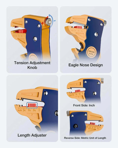 2 In 1 Quick Strip Wire Stripper And Cutter For 14 To 24 AWG with tension adjustment knob and eagle nose design, 7-inch size