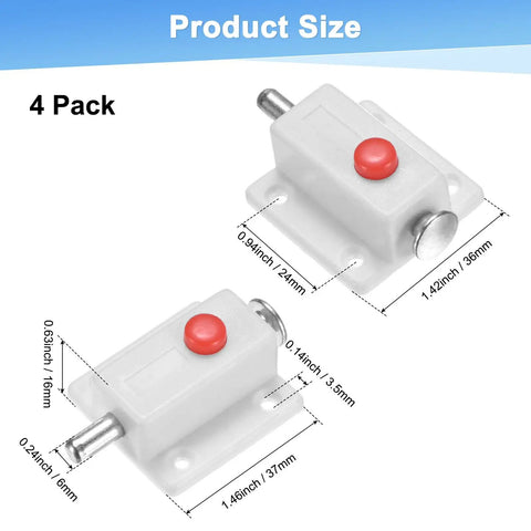 Close-up of Push Button Spring Loaded Latch Four Pack White Quick Release Cabinet Catch dimensions for toolbox and cupboard use.