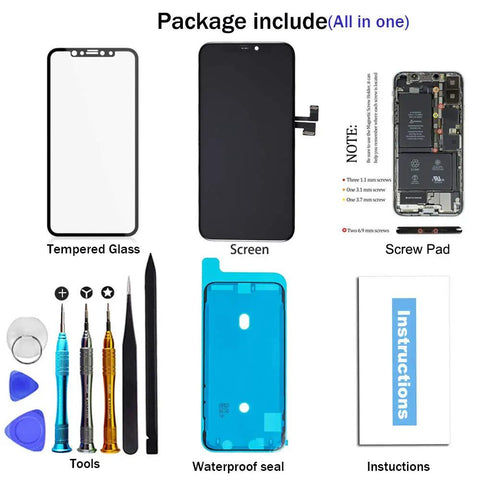Package contents of 6.5 Inch Screen Replacement Kit for iPhone 11 Pro Max with LCD Display, 3D Touch Digitizer, tools, and instructions