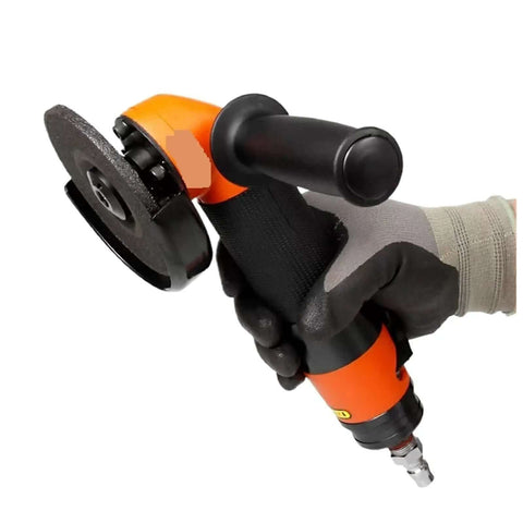 Rugged 4 Inch Pneumatic Angle Grinder And Demolition Grinding Machine Smooth Air Powered Workshop Workhorse in hand, designed for metal cutting.