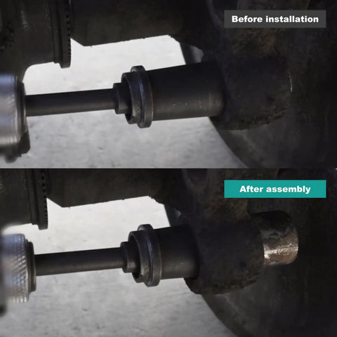 Air Powered Truck Anchor Pin Bushing Kit With Long And Short Driver Sets Two Piece Fits One Three Eighths Inch Anchor Bushings Eleven Point Five Inch Drive Pneumatic Bushing Driver For Easy Removal And Installation before and after installation view