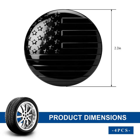 4 Piece Wheel Hub Center Cap Decals Sporting A Slick Usa Flag Graphic And Glossy Black Vinyl For Your Ride No Fuss Peel Stick Install Heavy Duty Weatherproof, measuring 2.2 inches.