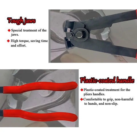 CV Boot Clamp Pliers Kit with durable steel jaws and plastic-coated handles highlighting high torque, comfortable grip design.
