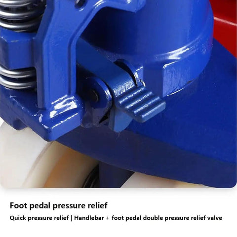 Close-up of foot pedal pressure relief valve on Heavy Duty Manual Pallet Truck Slams 8 Ton Loads With Rock Solid Hydraulic Power.