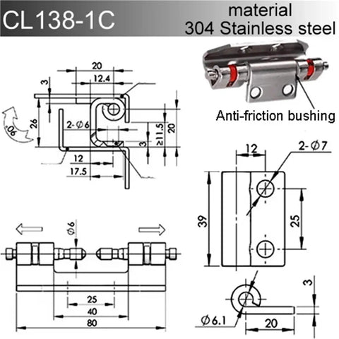 Heavy Duty Stainless Steel Door Hinges for Distribution Boxes and Switchgear Rust Proof Industrial Grade Hardware CL138-1C dimensions and design.