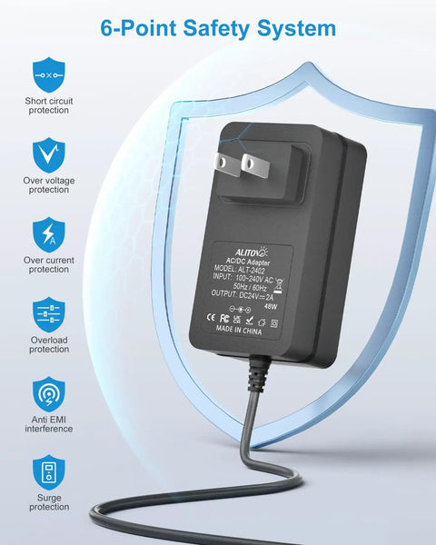 Go To 24V Power Supply 2A 48W AC to DC Adapter with 6-point safety system displayed on a blue background with icons