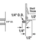 Diagram of Clear Plastic Locking Shelf Pegs Set Of Six for no fuss secure shelving with dimensions for 1/4 inch holes and 1/2 inch shelves.