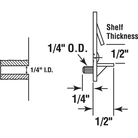 Diagram of Clear Plastic Locking Shelf Pegs Set Of Six for no fuss secure shelving with dimensions for 1/4 inch holes and 1/2 inch shelves.