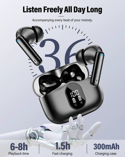 Dope Wireless Earbuds With Bluetooth 5.4, Deep Bass Stereo Sound, Noise Cancelling Mic, LED Charge Display, IPX7 Waterproof, with charging case.