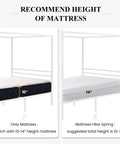 Recommended mattress height for Full Size Canopy Bed Frame with Heavy Duty Metal Slats in White Four-Poster Style.