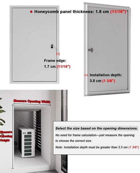Rock Solid Soundproof Access Panel For AC Units Flush Mount Wall Cover Plate Heavy Duty Aluminum Frame with measurements.