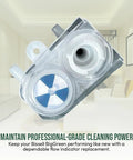Front view of Selgo replacement flow indicator for Bissell BigGreen commercial cleaners; plastic housing with blue dial.