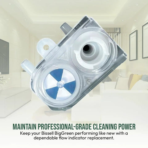 Front view of Selgo replacement flow indicator for Bissell BigGreen commercial cleaners; plastic housing with blue dial.