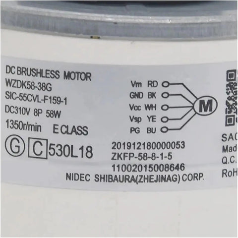 Close-up of label on Brushless DC Fan Motor For Air Conditioners 310V 8P 58W Replacement Part with model details